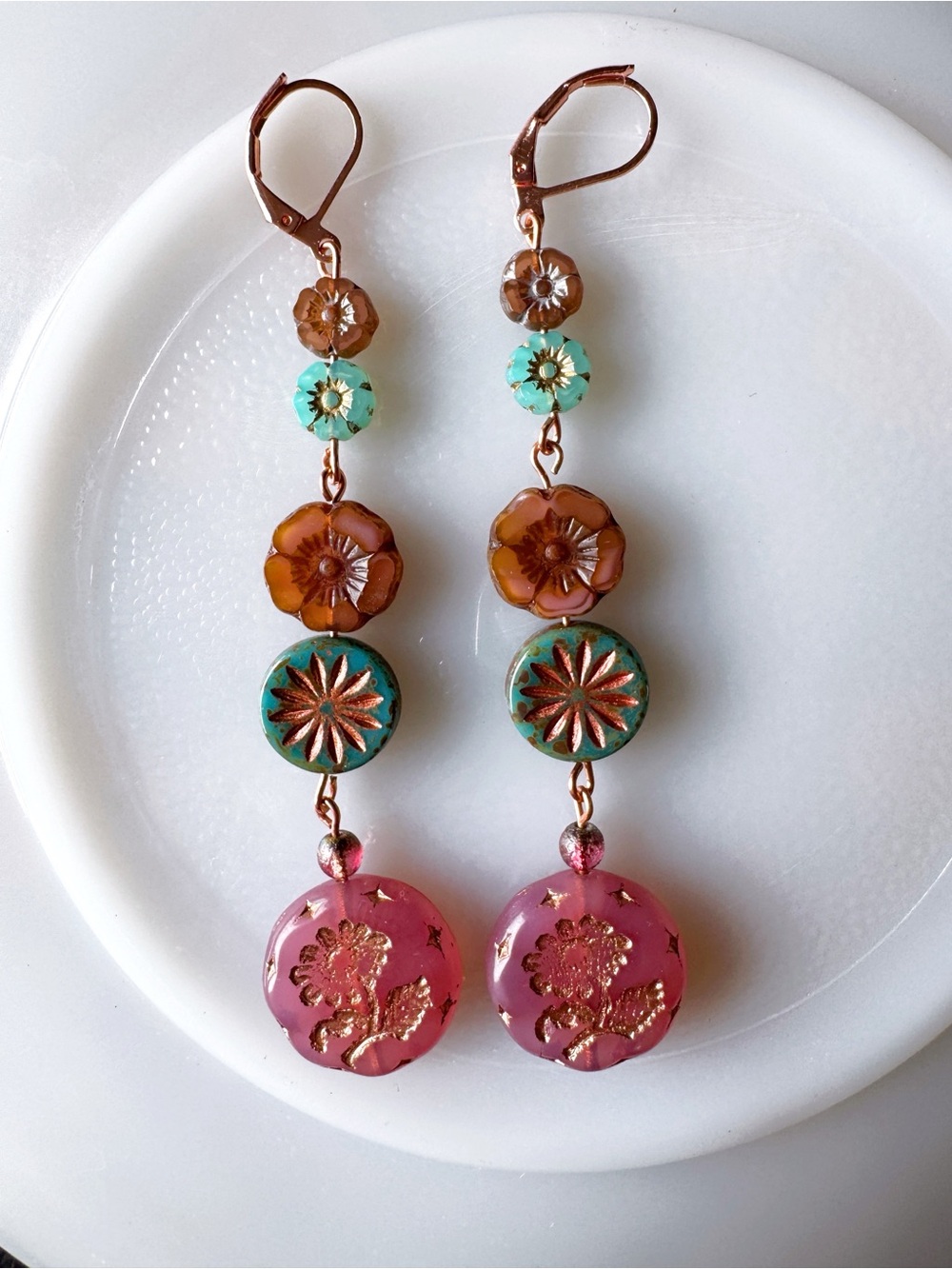 Handmade Pink, Turquoise & Amber Floral Drop Earrings